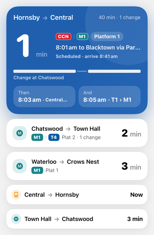 Departures showing saved trips and a countdown to the next train.